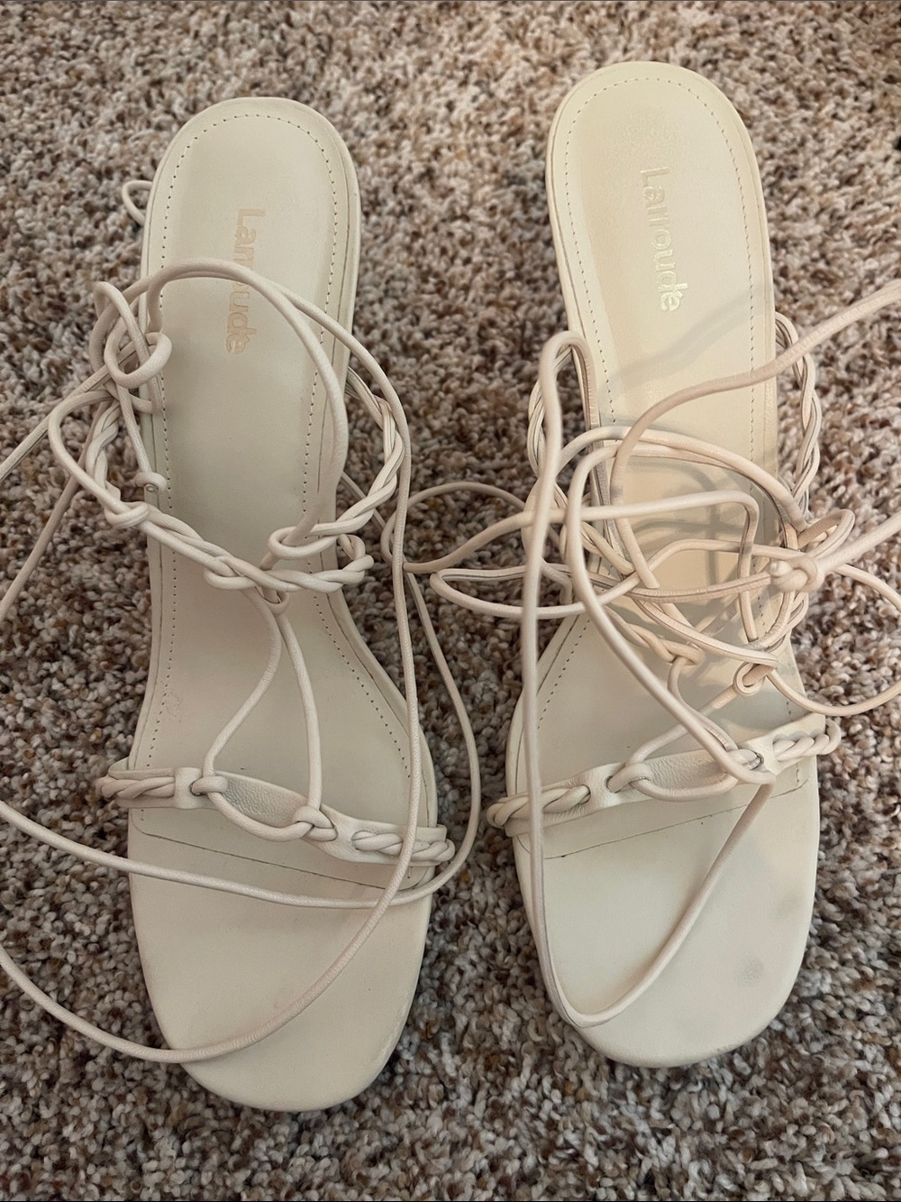 Larroude Lace-Up Strappy Sandals in Cream